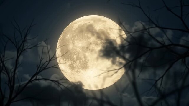 Moon rises through clouds and tree 4k