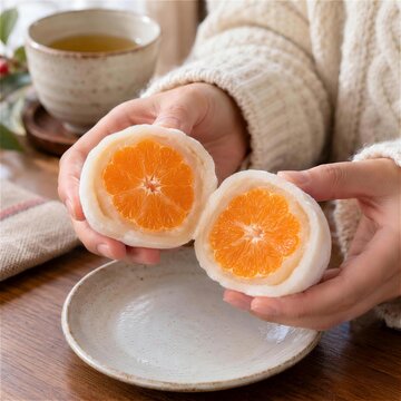 みかん大福の鮮やかな断面を両手で見せる