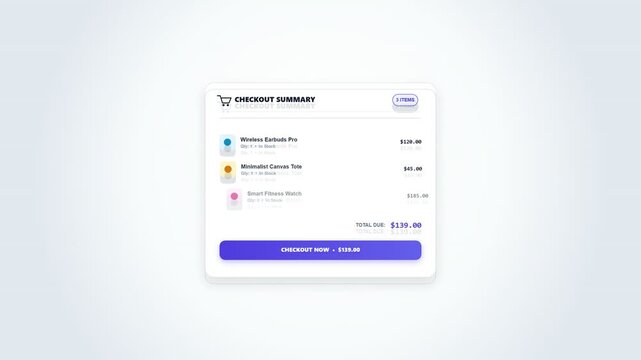 Modern ecommerce checkout summary interface design for online shopping cart and payment process.