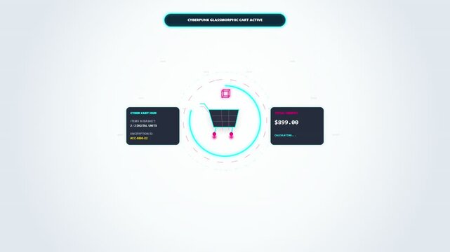 Digital e-commerce interface design with shopping cart icon and data analytics dashboard visualization.