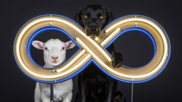 Black Dog and White Lamb Behind Infinity Neon Sign Light