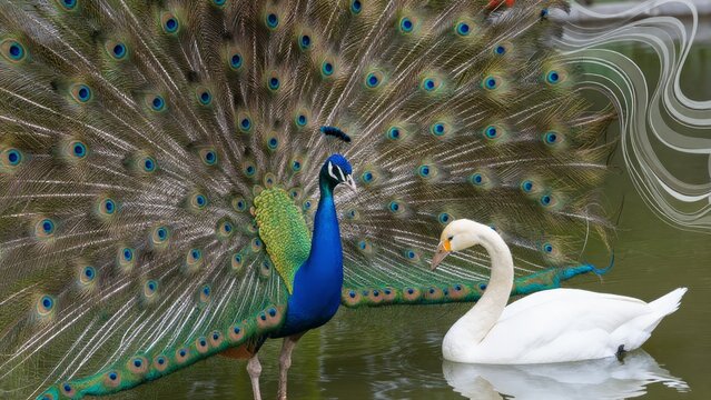 Majestic Peacock Displaying Feathers Next to Graceful Swan in Pond