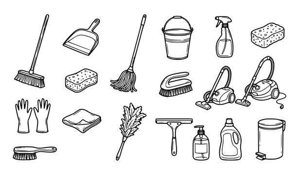 Household cleaning tools and supplies hand drawn line art vector icon set