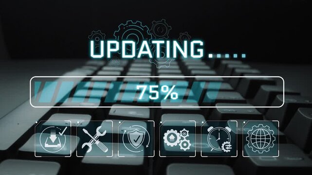 Updating Process on Computer Keyboard with Progress Indicator and Technical Icons Representing Software Updates and Maintenance Activities Sigmoid