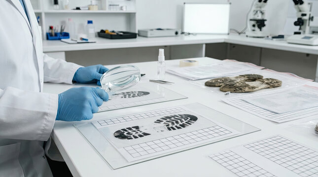 Forensic shoe trace laboratory study with scientist inspecting footprint prints using magnifying glass
