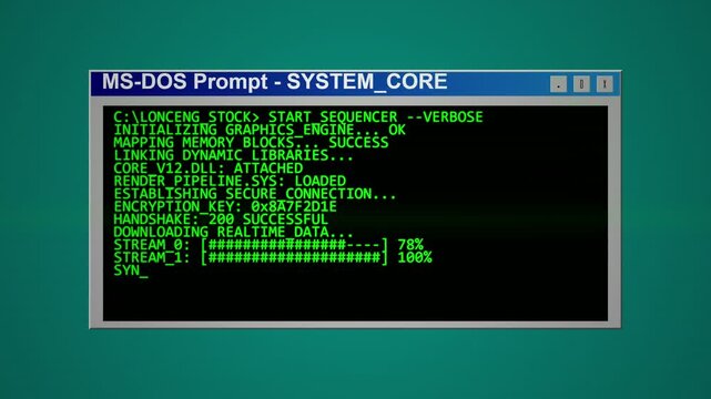 Retro command prompt terminal window showing system loading process and data transfer.