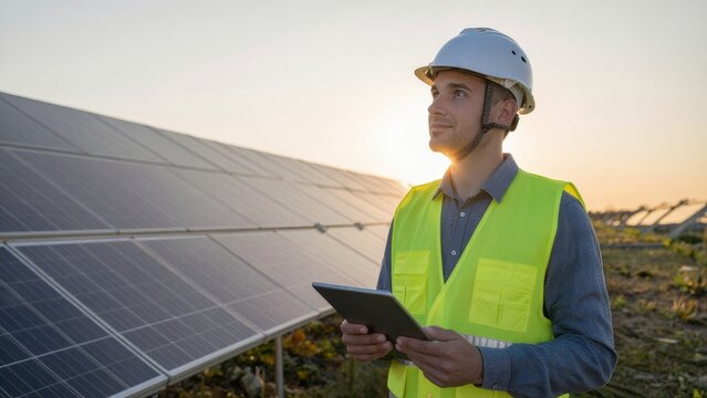Professional Worker Observing Solar Panels During Sunset Hours