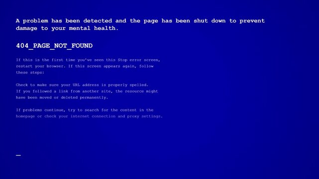 Humorous blue screen of death style 404 page not found error message text.