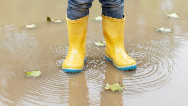 Child Wearing Yellow Rain Boots Standing in Water with Leaves