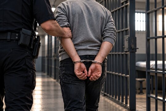 Handcuffed Suspect Escorted by Police Officer in Jail Corridor, Arrest, Detention, Law Enforcement, Criminal Justice and Prison Security Concept