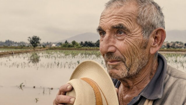 Elderly Farmer in Rice Field Holding Straw Hat Against Cloudy Sky
