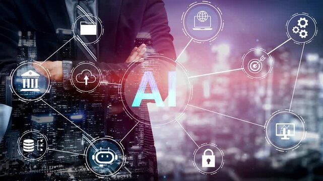 Professional using artificial intelligence technology with urban cityscape background and digital icons representing data analysis and innovation Gluon.