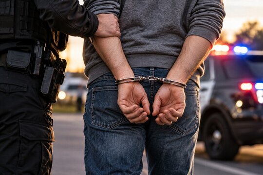 Handcuffed Suspect Escorted by Police Officer Beside Patrol Vehicles, Arrest, Law Enforcement, Criminal Justice and Public Safety Concept