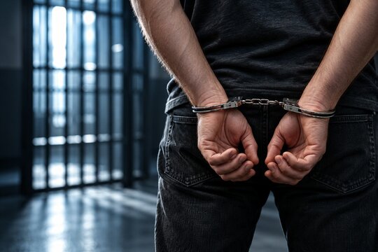 Handcuffed Man in Prison Cell Corridor, Police Arrest, Detention, Criminal Justice, Law Enforcement, Incarceration and Custody Concept