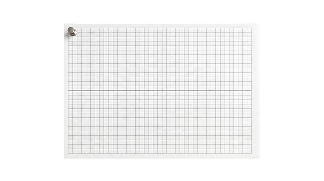 A 3D rendered rectangular sheet of white graph paper featuring thin black grid lines and coordinate axes pinned with a glossy metallic pushpin isolated on transparent background for design projects