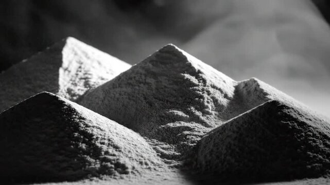 Black and white close up of pouring flour onto three cone-shaped mounds creating smoke for a moody effect
