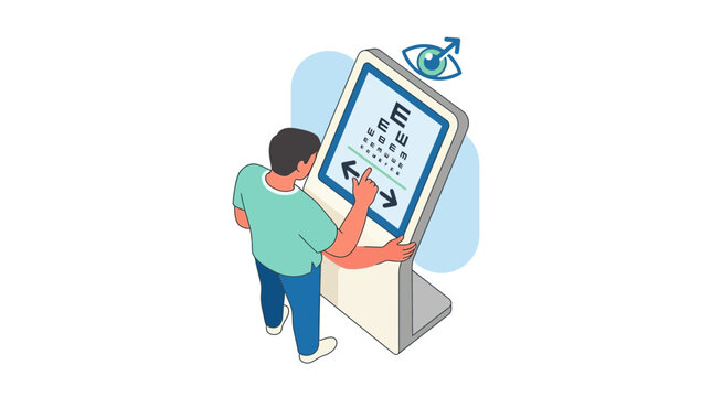 Man uses digital eye chart screen for vision test, isolated on transparent background