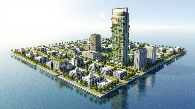Modern Sustainable City Design with Green Architecture and Water Views