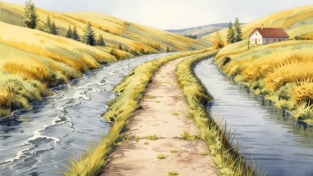 Serene Landscape with River, Pathway, Hills and Country House