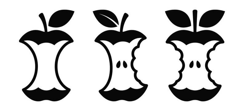 Set of three black silhouette icons of apple cores with leaves