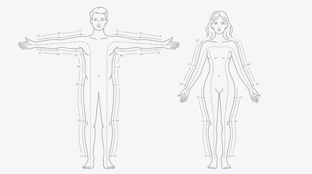 Line of male and female human body silhouettes with measurement lines and numeric markers for tailoring, garment sizing, and anatomical reference