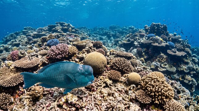 Wide underwater view of a Humphead Parrotfish crossing an expansive coral reef plateau in a tropical marine ecosystem.