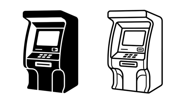 Automated teller machine station in solid black and outlined vector style
