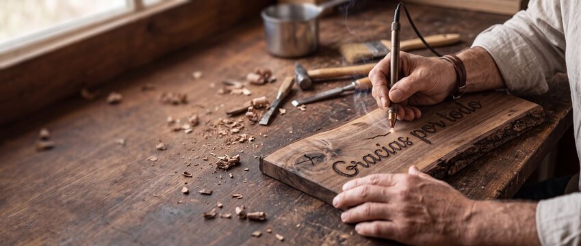 Wood burning tool pyrography artisan crafting spanish thank you text gracias por todo on rustic timber board in carpentry workshop, handcrafting custom wooden sign, DIY woodworker hobby craft.