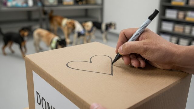 Hand Drawing Heart on Donation Box with Dogs in the Background