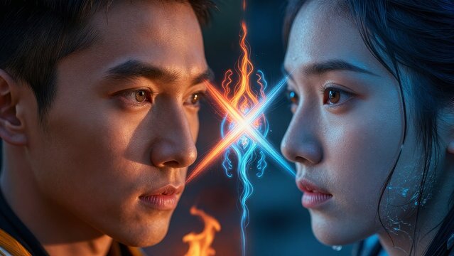 Intense Face-Off with Energetic Elements and Dramatic Lighting
