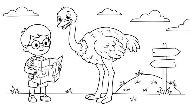 Cartoon coloring page of a young boy with glasses holding a map and meeting a large friendly ostrich outdoors on a sunny day with clouds and a signpost.