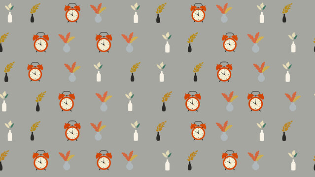 Pattern of alarm clocks and vases with decorative elements