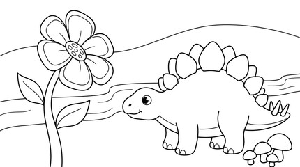 Fototapeta premium Cute cartoon stegosaurus standing near a large flower and mushrooms in a prehistoric landscape coloring page.