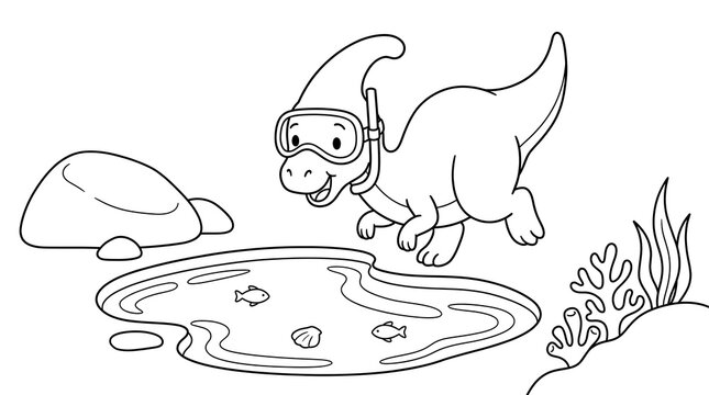 Cute cartoon parasaurolophus dinosaur wearing snorkeling goggles looking into a pond with fish, black and white coloring book page for kids.