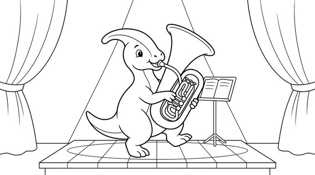 Cute cartoon parasaurolophus dinosaur playing a tuba on a theatrical stage, black and white coloring book page for children.