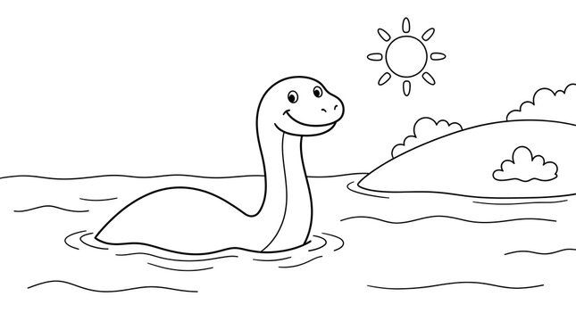 A cute and friendly sea monster swimming in a lake under a bright sun in a simple black and white line art coloring page style.