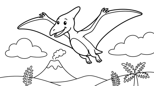 Cartoon pterodactyl flying over a prehistoric landscape with a volcano and palm trees, coloring page for children.