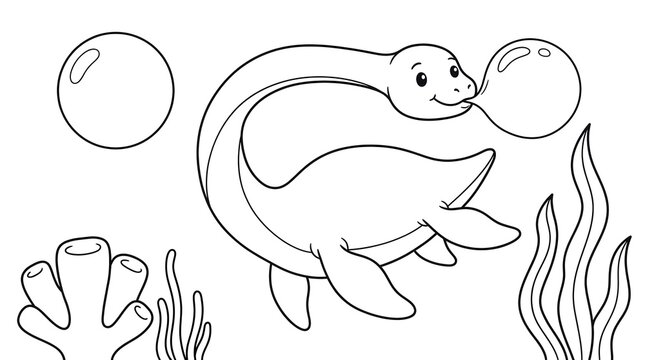 A cute cartoon plesiosaur dinosaur blowing a large bubble while swimming underwater with seaweed and coral in this coloring page illustration.