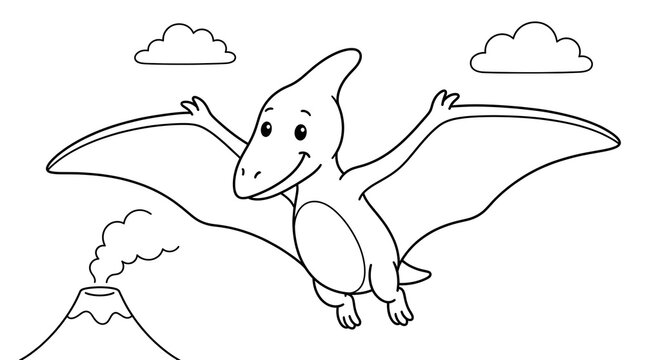 Cute cartoon pterodactyl flying in the sky with a volcano and clouds in the background, black and white line art coloring page for kids.