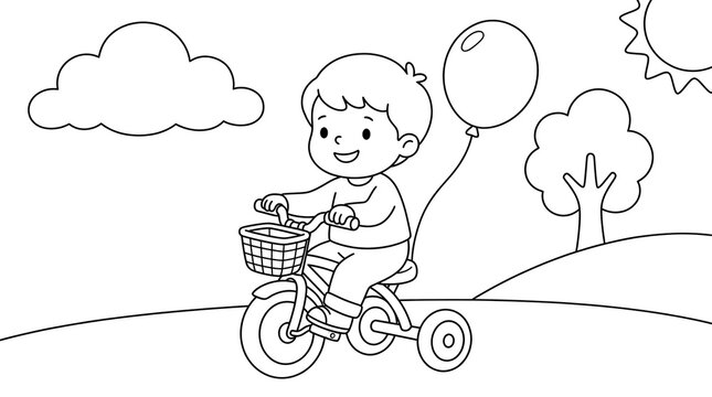 Happy young boy riding a tricycle with a balloon on a sunny day, coloring page illustration for kids.