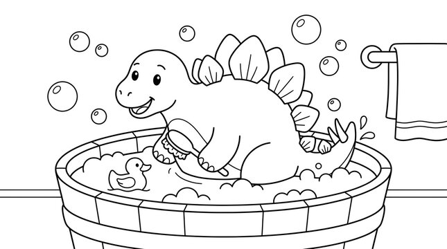 Cute cartoon stegosaurus dinosaur taking a bubble bath in a wooden tub with a rubber duck and brush, black and white coloring page for kids