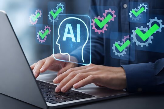 Generative AI generating program code. AI-driven automation for programming and debugging. System engineer using a laptop to instruct AI in development.