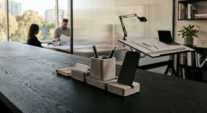 Concrete desk organizer set with smartphone and pens on dark wooden table in a modern office workspace