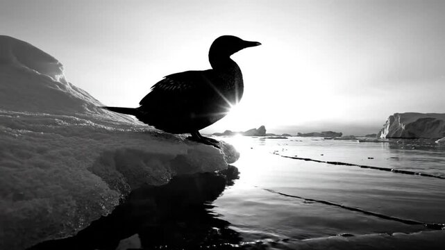 Black and white shot of a seabird silhouetted against a bright winter sky standing on ice with its reflection in the cold ocean.