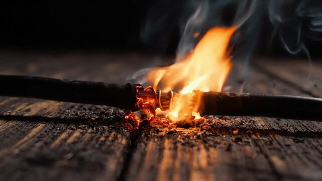 Close-Up of Burning Electrical Cable with Fire and Smoke on Wooden Floor - Electrical Short Circuit Hazard