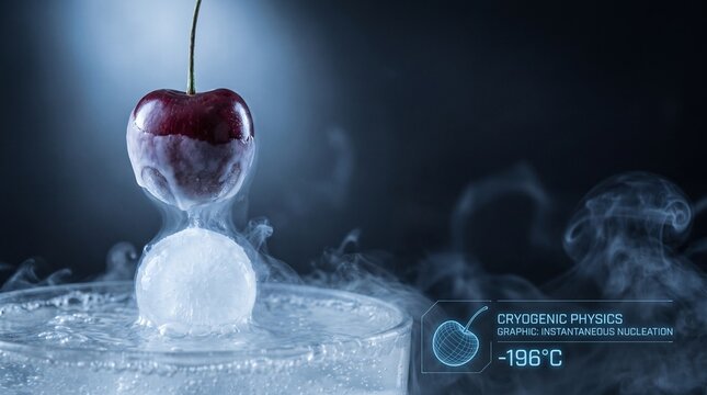 Cryogenic cherry freezing in liquid nitrogen creates instantaneous nucleation and vapor.