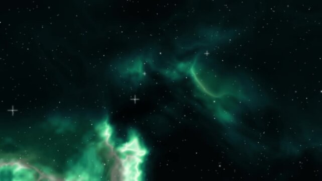 Fond de n&eacute;buleuse spatiale vert &eacute;meraude avec mouvement vertical