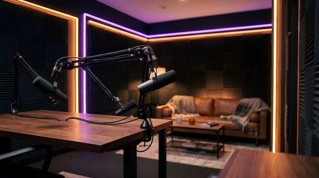 Empty neon podcast studio virtual background for video copy space