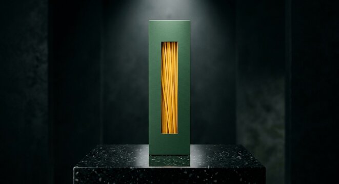 Green packaging box of raw spaghetti pasta standing on a dark podium in a moody studio with overhead light