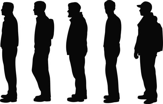 Five black silhouettes of men standing in a row, wearing casual clothes and backpacks, isolated on a white background, of a group of people